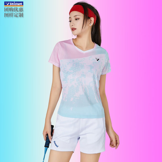 赛事威（SAISHIWEI）23新品团清龙羽毛球服网球运动套装夏季跑步速干衣短袖T恤 女3923B蓝粉配3677白裙 XL