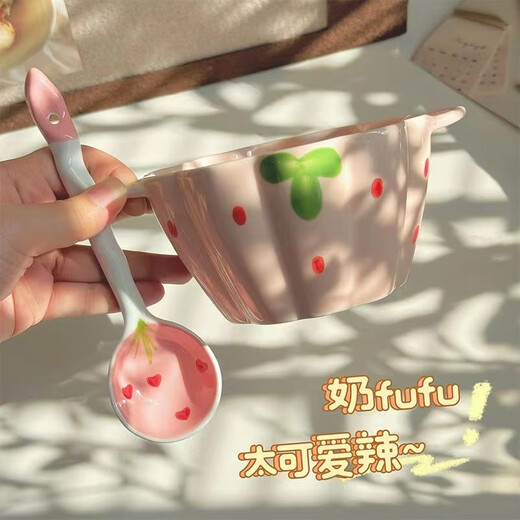 Persson double-ear ceramic bowl with spoon set soup bowl noodle bowl high-looking breakfast bowl Strawberry Duoduo 6-inch bowl with spoon