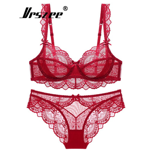 VRSZEE light luxury brand underwear women's thin push-up bra set small breast lace sexy panties temptation bikini burgundy 75B