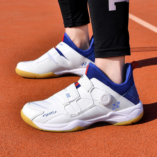 FEELACES badminton shoes, anti-twist, non-slip, wear-resistant, rotating buttons, lace-free, men's and women's sports training shoes, 182 white and blue, 42 standard sports shoe size