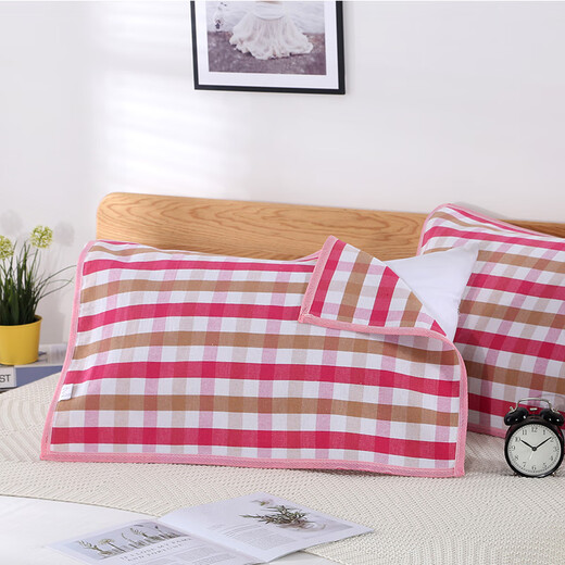 Frangomu thickened old coarse cloth pillow towel linen single encrypted pillow towel for all seasons, sweat-absorbent and breathable 47*74 pair, rose red and gray strips pair