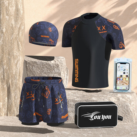 You swimsuit men's anti-embarrassment loose double-layer swimming trunks sun protection hot spring swimsuit five-piece set 13553 blue bear XL