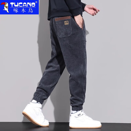 Woodpecker Casual Pants Men's 2025 Autumn and Winter Versatile Velvet Thickened Men's Nine-Point Leg Pants Men's Slim Loose Pants Men's Pants 260 Black Velvet XL Recommended 120-145 Jin Jin equals 0.5 kg