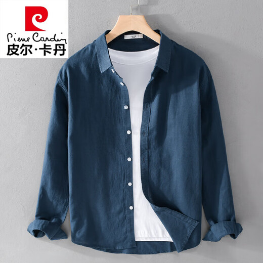 Pierre Cardin Spring Linen Shirt Men's Men's Long à manches minces couleurs solides en vrac japonais Casual Youth Tork Travail Travailleur White Cotton Linen Shirt White [9207 Collier de stand] M