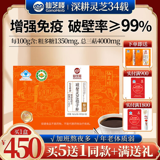 
Xianzhilou Broken Wall Ganoderma lucidum spore powder gift box enhance immunity health food holiday gift pharmacy same style robe powder [1g/bag 20 bags/box 3 boxes] 8 bags for trial pack