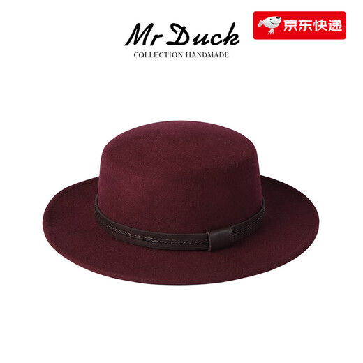 Mr DUCK French style full flat hat for women Retro calfskin webbing flat brimmed top hat for women MW362171-Enamel Burgundy (Wool Style) S(52-54cm)