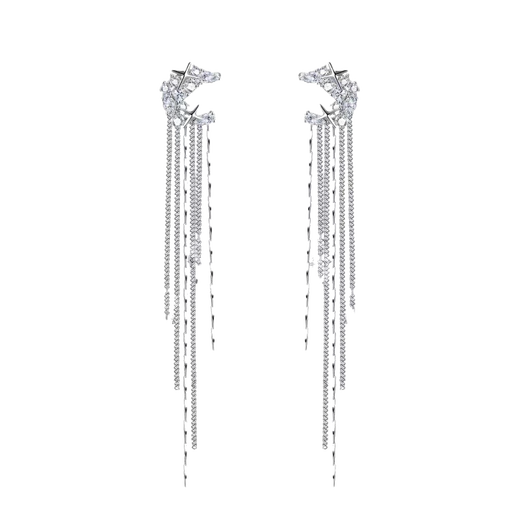 Platinum tassel ear clips, wearable without pierced ear bone clips, super flash moon zircon earrings, high-end Korean style niche design, moon diamond ear clips, 1 pair for left and right ears