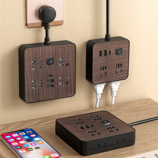 
Gongya wood grain storage cable socket USB plug-in multi-porous Type-C charging plug-in board with cable college dormitory plug-in board home office reel coil drag board 853 (5 plug-in without USB) short-term model