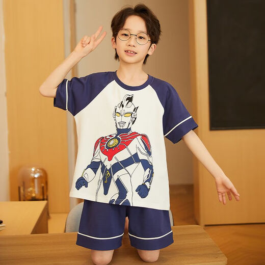 紫玥薇奥特曼夏季儿童睡衣卡通纯棉短袖小男孩中大童夏天薄款家居服套装 683-主图款【舒适透气全棉】 S码【体重70-90斤】
