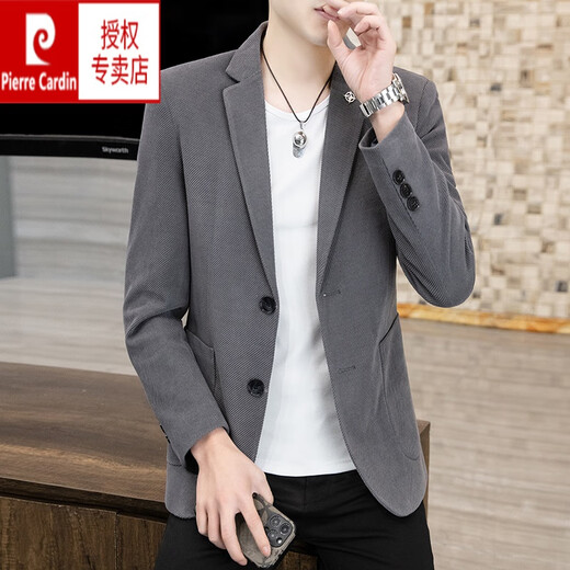 皮尔卡丹春秋季仿毛呢子西服男士外套加厚单西韩版修身上衣潮流帅气小西装 692深灰色【常规】西服 L