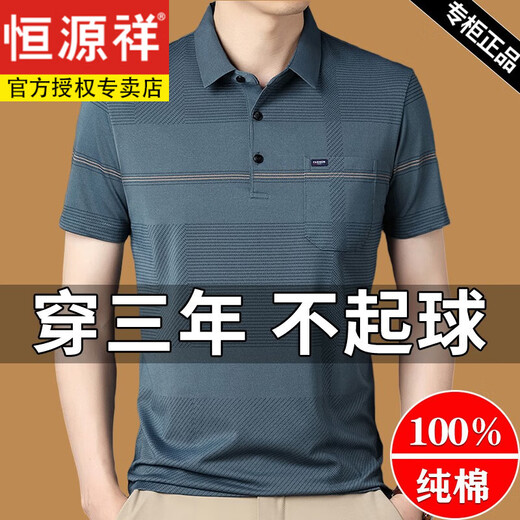 恒源祥短袖t恤男纯棉真口袋春秋款中年爸爸装翻领男士打底polo衣衫春秋 短.袖蓝色 nwxl136-9903 165/M建议120斤以内