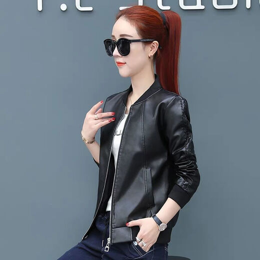 Duoling Shier Short Jacket Women's PU Leather Jacket Women's Spring and Autumn New Style Plush Leather Jacket Korean Slim Leather Jacket Women's Short Black Regular Version 3XL 130-140Jin Jin is equal to 0.5 kg