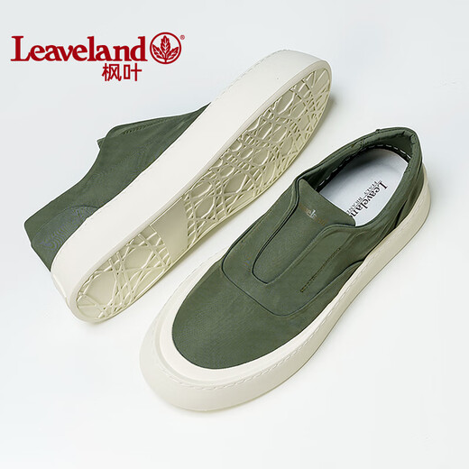 枫叶（leaveland）板鞋男夏季新品透气一脚蹬帆布鞋男都市简约软底休闲鞋子男 绿色(皮鞋码) 40