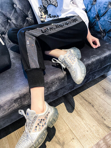 Mad Cortes Design Trendy Brand Sports Casual Pants Women's Summer Trendy Hot Diamond Nine-Point Pants Loose and Versatile Harem Pants White M