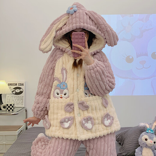 清丝坊湖南省省服女三层夹加绒加厚保暖珊瑚绒秋冬季卡通法兰绒家居套装 12046 蝴蝶结女孩 [加厚三层夹 L