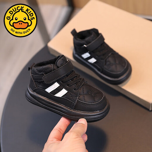 G.duck children's shoes, autumn and winter velvet cotton shoes, toddler shoes, boys' shoes, two-year-old girls' sneakers, high-top sports shoes, C-66 black second cotton 21, inner length 13.5