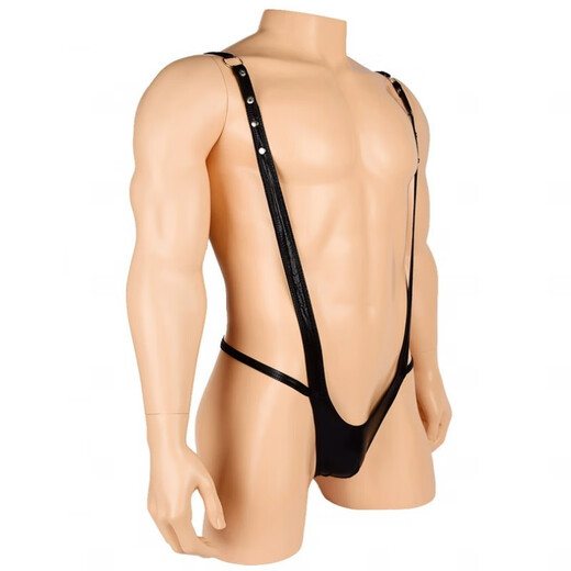 Gay sexy men's low-waist thong black imitation leather PU sexy one-piece suspenders T-pants bar performance wear