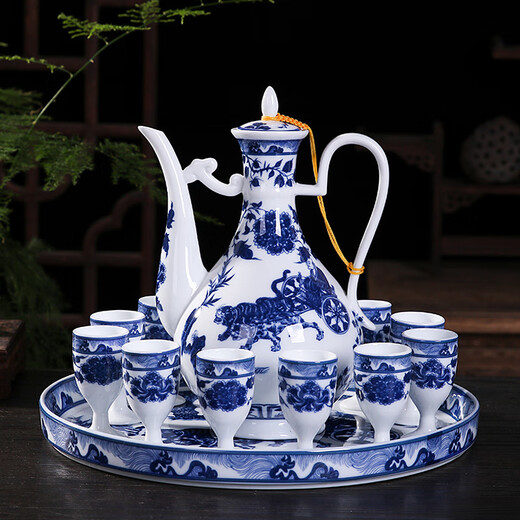 Xihe Yinyao Xihetang Jingdezhen Ceramic Wine Set Liquor Goblet Spirit Cup Blue and White Flask Set Wine Cup Moshanshui Style (1 Pot, 10 Cups, 1 Tray)