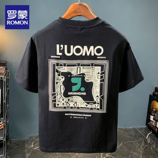 罗蒙重磅男士t恤夏季薄款百搭美式潮流短袖体恤休闲圆领透气套头上衣 1098黑色 L