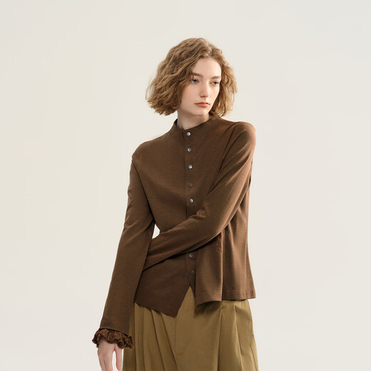 EIN言复古绵羊毛立领花边袖刺绣不规则文艺慵懒感长袖衬衫秋季款 咖色 S