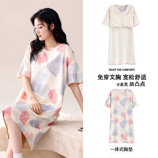 莫代尔带胸垫睡裙女款夏季纯棉短袖过膝中长款可外穿睡衣女生居家服套装 723 自带胸垫 宽松休闲 M 80100斤