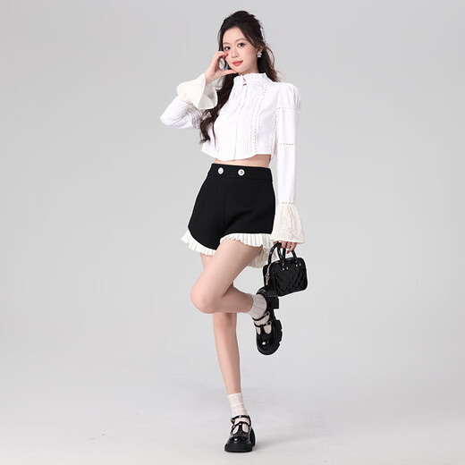 White shirt women's 2024 spring new niche French style bow lace splicing sleeve shirt white S recommended 85-100Jin Jin equals 0.5 kg