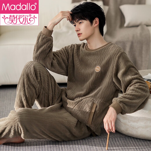莫代尔睡衣男士冬季珊瑚绒加厚加绒男款秋冬法兰绒可外穿冬款休闲家居服 9864雾蓝灰 M (165)