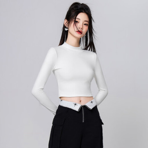 NOME bottoming shirt for women 2026 early spring new style short high collar, inner and outer wear, navel-baring bottoming long sleeves, black M