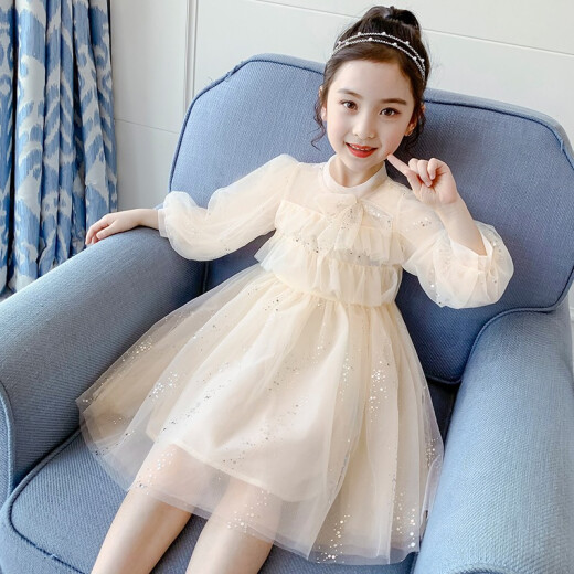 Zemeiyi children's clothing girls' dress spring and autumn new style 2021 middle and large children's princess dress foreign gauze skirt off-white 140 (recommended 126-135cm)