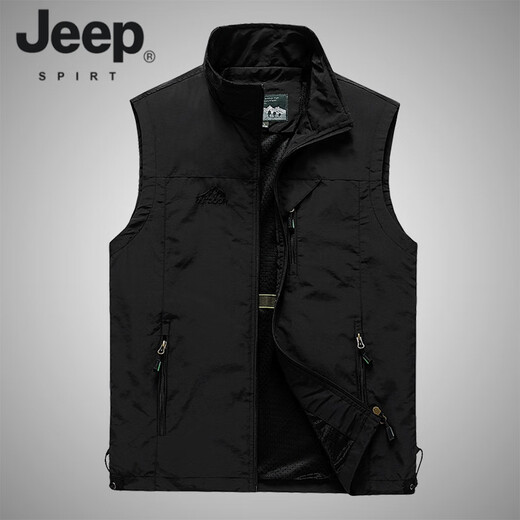 JEEP SPIRIT春季薄款爸爸装中老年男士马甲口袋钓鱼背心坎肩休闲工装外套爷爷 军绿 L