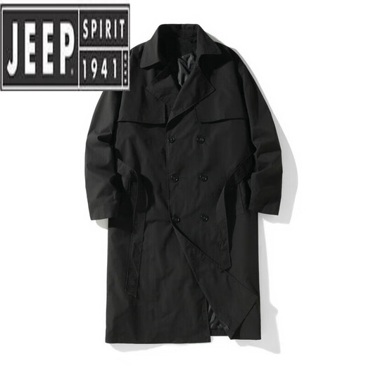 JEEP SPIRIT双排扣风衣外套男中长款秋冬季胖子大码加棉加厚韩版过膝系带大衣 黑色 常规 M 95至115斤可穿