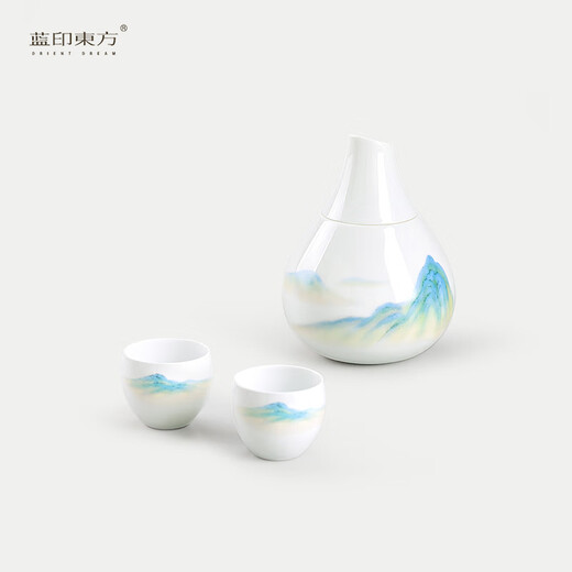 Blue printed Oriental Jingdezhen ceramic wine warmer set for home Chinese style wine warmer white wine cup wine divider ice wine jug Chunlu-Qianlijiangshan wine set
