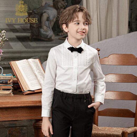 IVY HOUSE Ivy children's clothing for boys and older children in autumn new style classic simple long-sleeved white shirt college breathable cotton white ((bow tie not included)) 120cm