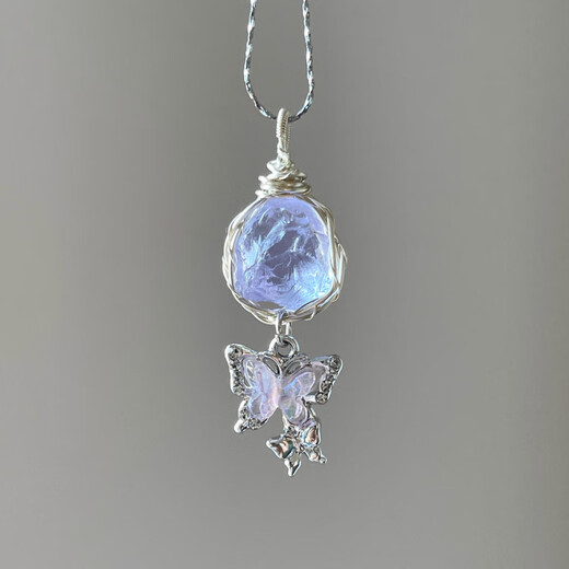 Xidian original design aquamarine rough stone butterfly necklace women's niche clavicle chain hand-wound crystal pendant Youdieyu