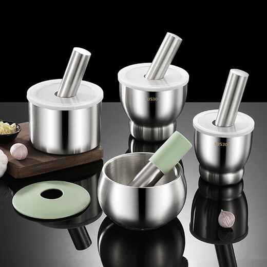 Du Zhunyu 304 stainless steel garlic mortar mash jar stone mortar garlic pounder grinder mortar household mortar mortar grinding mortar small classic small classic hammer anti-spill lid