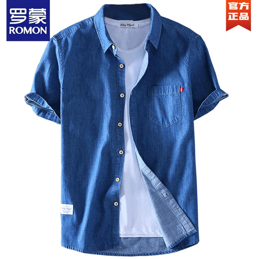 Romon Wash Denim Shirt Men's Cotton à manches courtes à manches courtes à manches courtes à manches minces et à mi-manche à manches à manches à manches à manches à manches mixte bleu foncé [Lambda] M 110120Jin [Jin est égal à 0,5 kg]