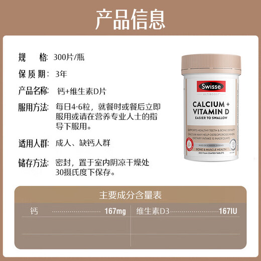 Comprimés de calcium Swisse + comprimés de vitamine D mini comprimés de calcium pour les adultes d'âge moyen et âgés femmes enceintes citrate de calcium 300 comprimés