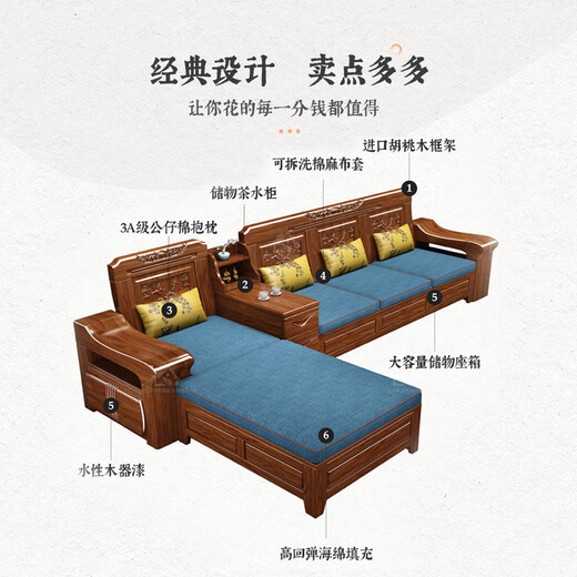 小木窝 沙发 实木沙发胡桃木客厅贵妃中箱冬夏两用储物中式沙发 四人位+贵妃踏+茶几