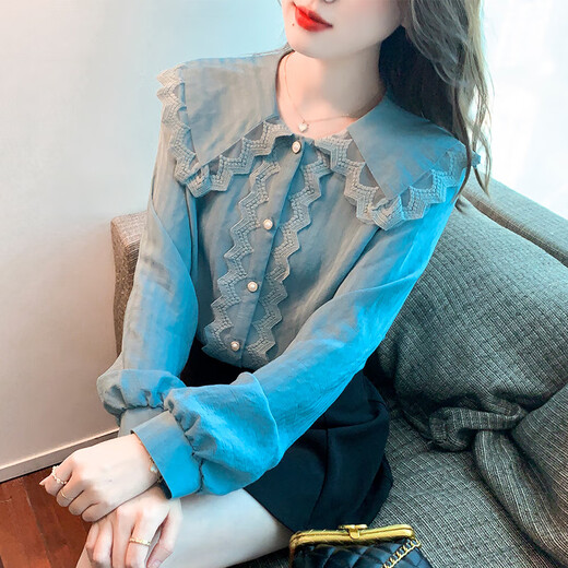 Aubaixi 2026 new autumn style doll collar lace splicing lace chiffon shirt top temperament bottoming shirt for women blue L