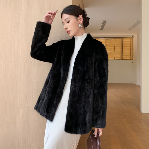 Aoerrun Haining imported 2025 new mink fur coat for women mink fur young style fashionable V-neck black M 90-110Jin Jin is equal to 0.5 kg