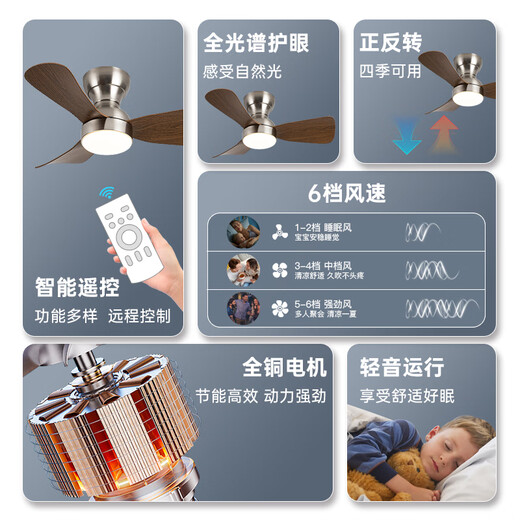 风向标复古风餐厅风扇灯卧室小型吊扇家用玄关走廊吊扇灯变频電扇燈 全光谱28-719A黑+深木纹-吸顶 变光遥控