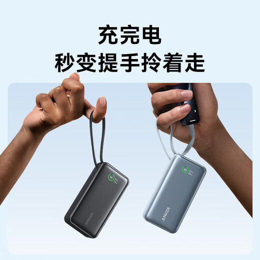 ANKER安克充电宝自带线10000毫安30W快充大容量可上飞机便携移动电源Type-C线适用苹果华为小米手机 紫