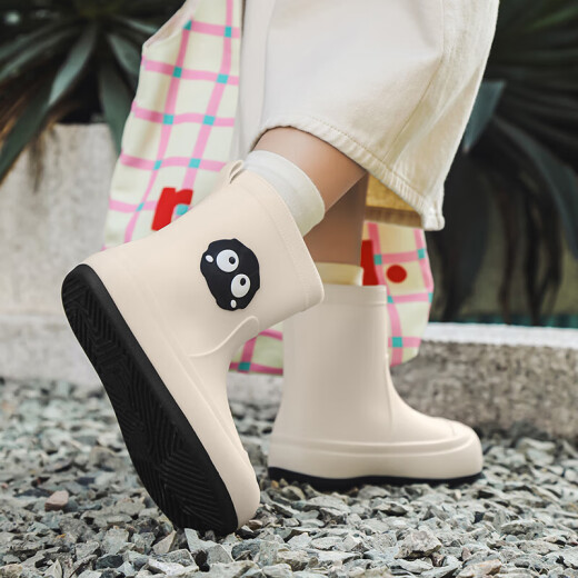 Hölzernen klaren Regenstiefel für Frauen, modische Wasserschuhe im Freien, dicke, allein zugrößen steigende Kee-resistente Regenstiefel, Anti-Rutsch-Wasserstiefel, erwachsene Mid-Robe-Pendelpendelschuhe, cremefarbene, mwitige, m Größe (37-38 Größen)