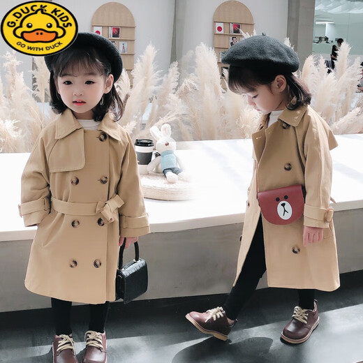 G.DUCKKIDS Girls' Jacket Spring and Autumn Children's Double-breasted Casual Jacket Top Mid-Length Trendy Coat Children's Windbreaker Khaki 110 Recommended Height 100-105cm Age 4-5