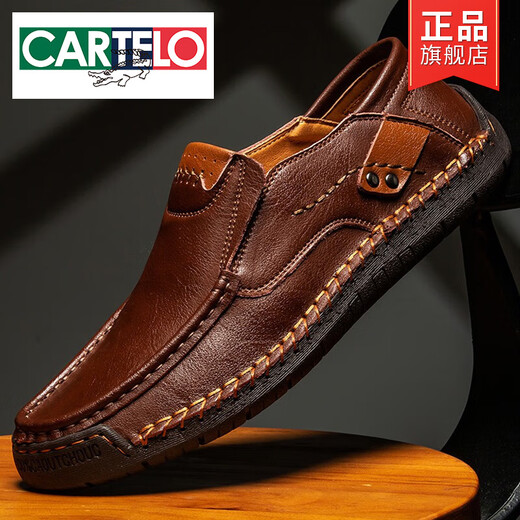 Cartelo Lederschuhe Herren Frühling und Herbst 2025 Neue atmungsaktive lässige lässige Schuhe Herren echte Leder Weiche alleinige Lederschuhe Herrenschuhe Ein-Schritt-Bohnenschuhe schwarz [9916 Four Seasons] 38
