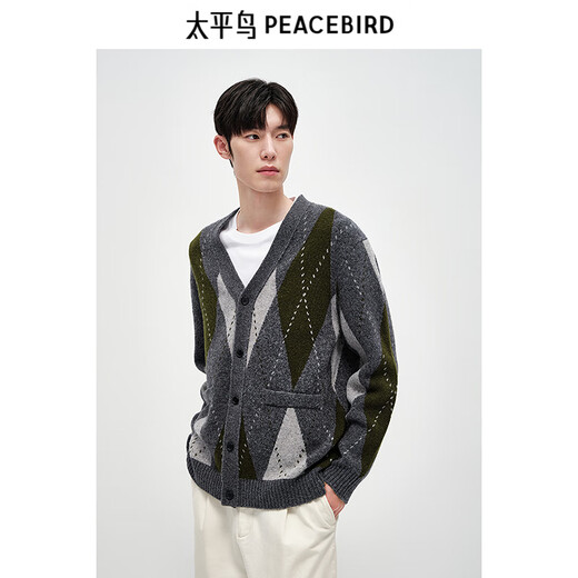 PEACEBIRD Men's Wool Cardigan Casual Sweater Brushed Yarn Contrast Color Plaid Sweater Men's Early Autumn Dark Gray L