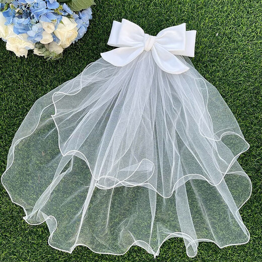Half bridal veil, confession of love, proposal, certificate, bow cover, hair clip, fairy photo photo props, QC large bow veil, about 60cm long