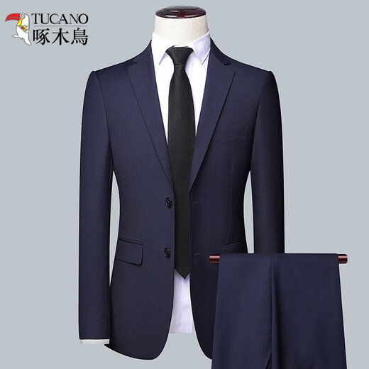 Woodpecker high-end men's suit business professional formal small suit wedding groom work spring and autumn slim fit 502 navy (suit + pants) XL (175)