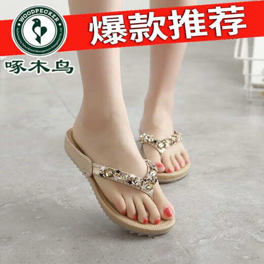 Woodpeckers wahres weiches Leder modische Flip-Flops für Frauen 2025 Sommer-Vielseitigkeitsspielraum für Mutterschaftsschuhe flache Absatz Sandalen Golden 36