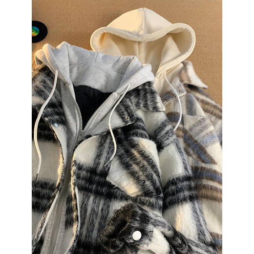 卡图弛假两件格子棉服外套男秋冬季美式小香风潮牌连帽棉衣情侣棉袄男装 浅灰色-WT179 XL